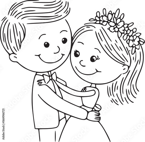 Eternal Embrace: A sweet illustration captures a bride and groom in a tender embrace, their hearts entwined on their special day, ready to embark on their lifelong adventure.