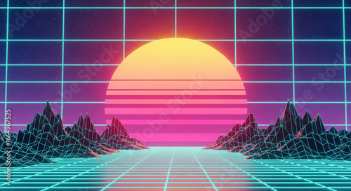 Synthwave Landscape with Glowing Grid and Sunset Horizon, a Digital Art Piece Evoking Nostalgia for the 1980s with Geometric Mountains and Vibrant Color Gradients
