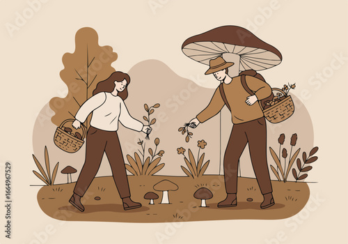 Gathering herbs and mushrooms in forest, flat design, educational material