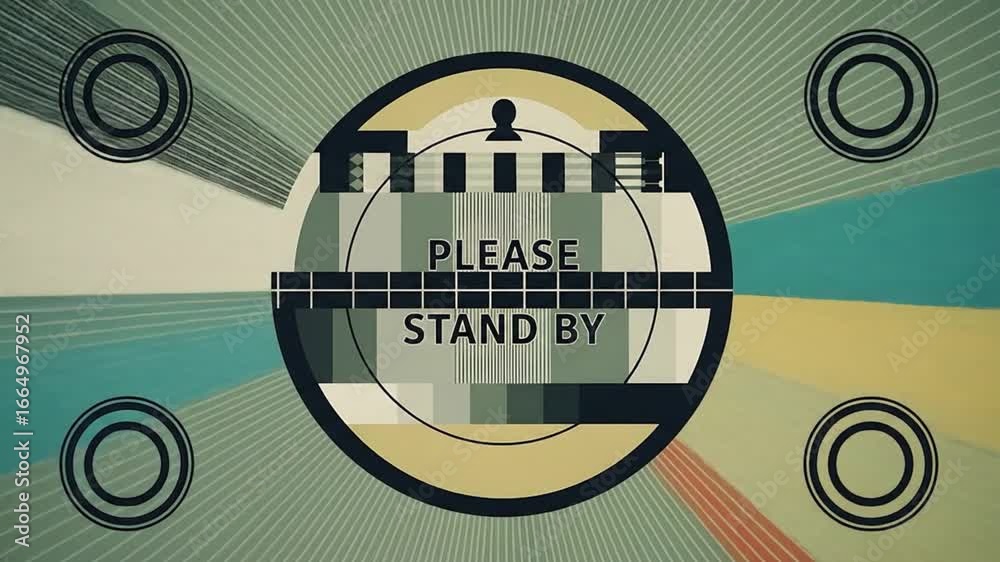 Classic vintage 'please stand by' screen displaying a retro television test pattern with distressed textures and vibrant color bars, signaling an upcoming broadcast pause