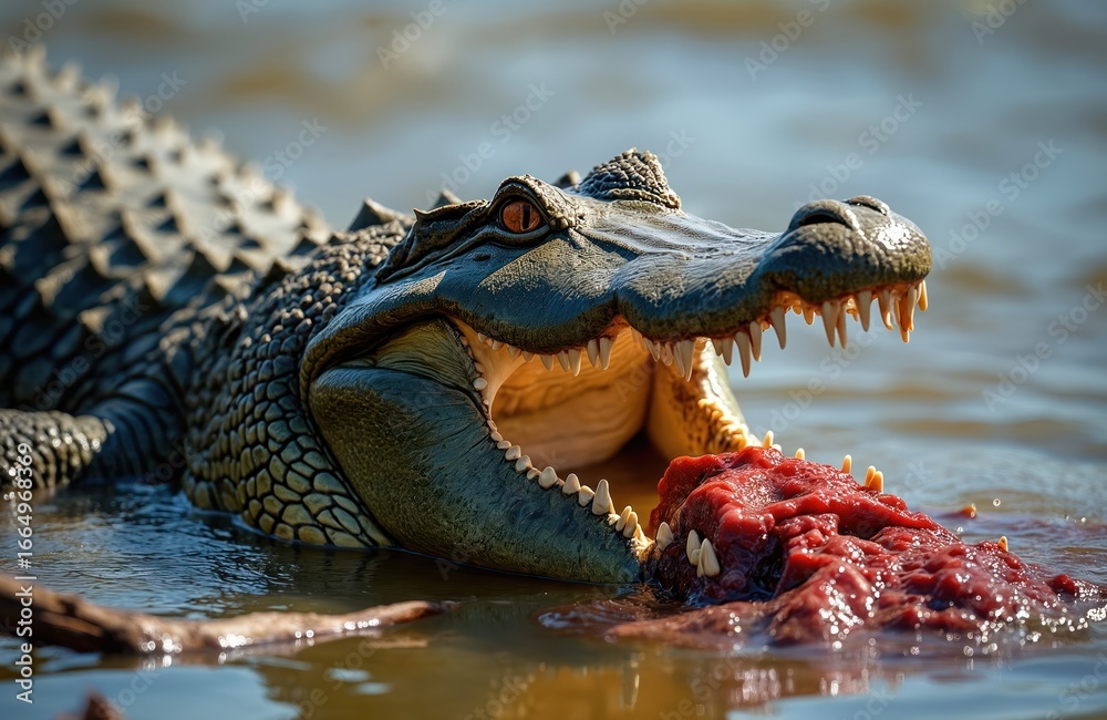 Obraz premium Close-up portrait of a large crocodile eating in Mara River. Reptile opens its powerful jaws revealing sharp teeth, ready to devour prey. Wildlife scene, natural habitat focus, safari adventure.