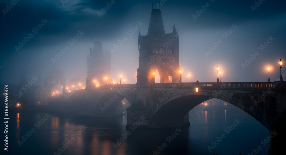 Obraz premium Ancient Stone Bridge at Night with Fog and Lights.