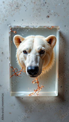 Polar bear head submerged in clear resin with copper strands  