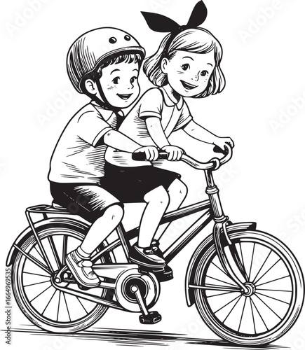 Joyful Bike Ride: Two kids joyfully ride a classic bicycle together, each with bright smile in a sunny day, evokes the bliss of friendship and outdoor adventure.