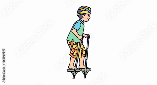 Young boy on stilts, focused on balance and fun.