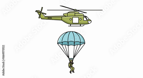 Helicopter and Parachutist in the Sky - Aerial View.