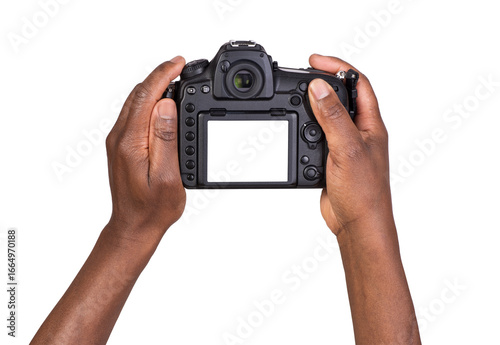 Man holding a digital camera with a blank screen and taking a photograph or recording a video, isolated on white or transparent background 