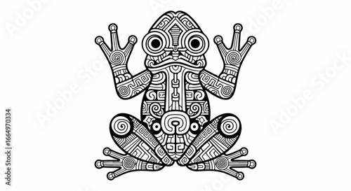 Detailed black and white frog illustration with intricate design.