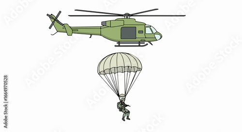 Military helicopter and paratrooper in the sky illustration.