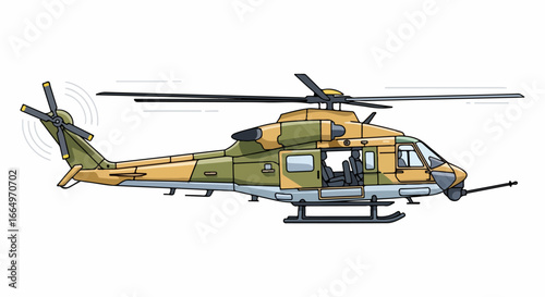 Military helicopter illustration in camouflage, side view, isolated.