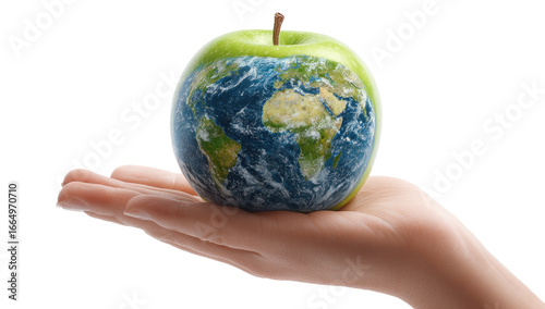 A green apple, shaped like the Earth, rests in a human hand