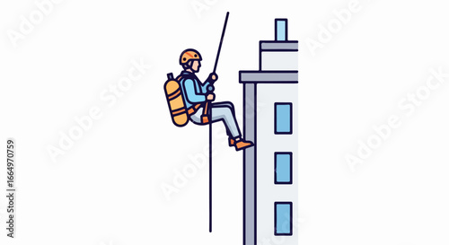 Rappelling worker descending a building with safety gear for maintenance.