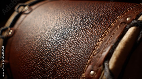 Close-up of a brown drum's textured leather surface