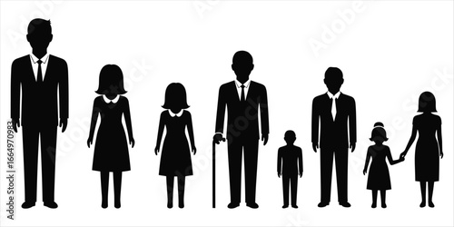 Black silhouettes of a family in formal attire with a cane on white background people group