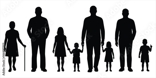Black silhouettes of a family with children and a cane on white background people group