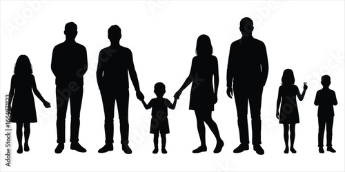 Black silhouettes of a family with children standing together on white people group