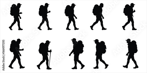 Black silhouettes of hikers with backpacks walking in a sequence on white trekking