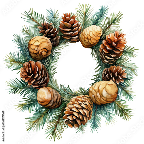 Winter Pine Wreath, watercolor drawing vector, isolated on a white background.