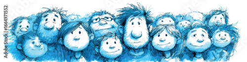 Crowd of people looking up, expressing curiosity and interest. Hand-drawn illustration of a diverse crowd gazing upwards, conveying a sense of anticipation and wonder
