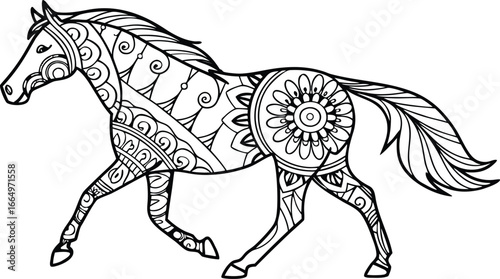 Ornate horse illustration with intricate line patterns art, Cute unicorn vector graphic design. Detailed horse head illustration with floral patterns ideal for coloring book enthusiasts delighting 