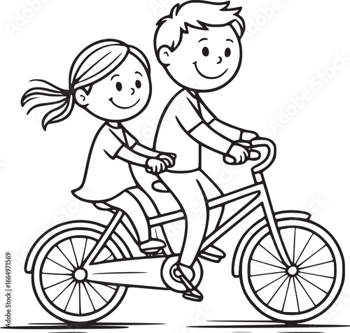 Joyful Bicycle Ride: A cartoon-style illustration depicts a happy sibling duo enjoying a shared bicycle ride, radiating the innocence of youth and the beauty of family.