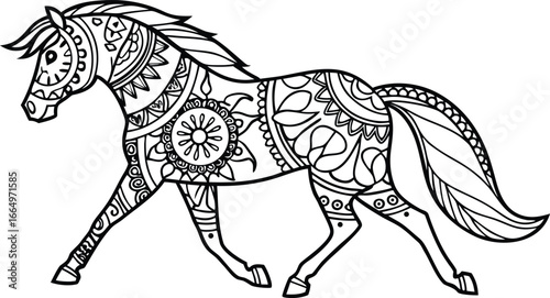 Ornate horse illustration with intricate line patterns art, Cute unicorn vector graphic design. Detailed horse head illustration with floral patterns ideal for coloring book enthusiasts delighting 
