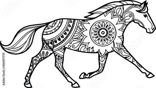 Ornate horse illustration with intricate line patterns art, Cute unicorn vector graphic design. Detailed horse head illustration with floral patterns ideal for coloring book enthusiasts delighting 