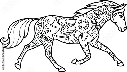 Ornate horse illustration with intricate line patterns art, Cute unicorn vector graphic design. Detailed horse head illustration with floral patterns ideal for coloring book enthusiasts delighting 