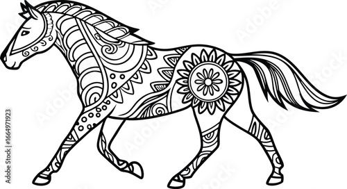 Ornate horse illustration with intricate line patterns art, Cute unicorn vector graphic design. Detailed horse head illustration with floral patterns ideal for coloring book enthusiasts delighting 