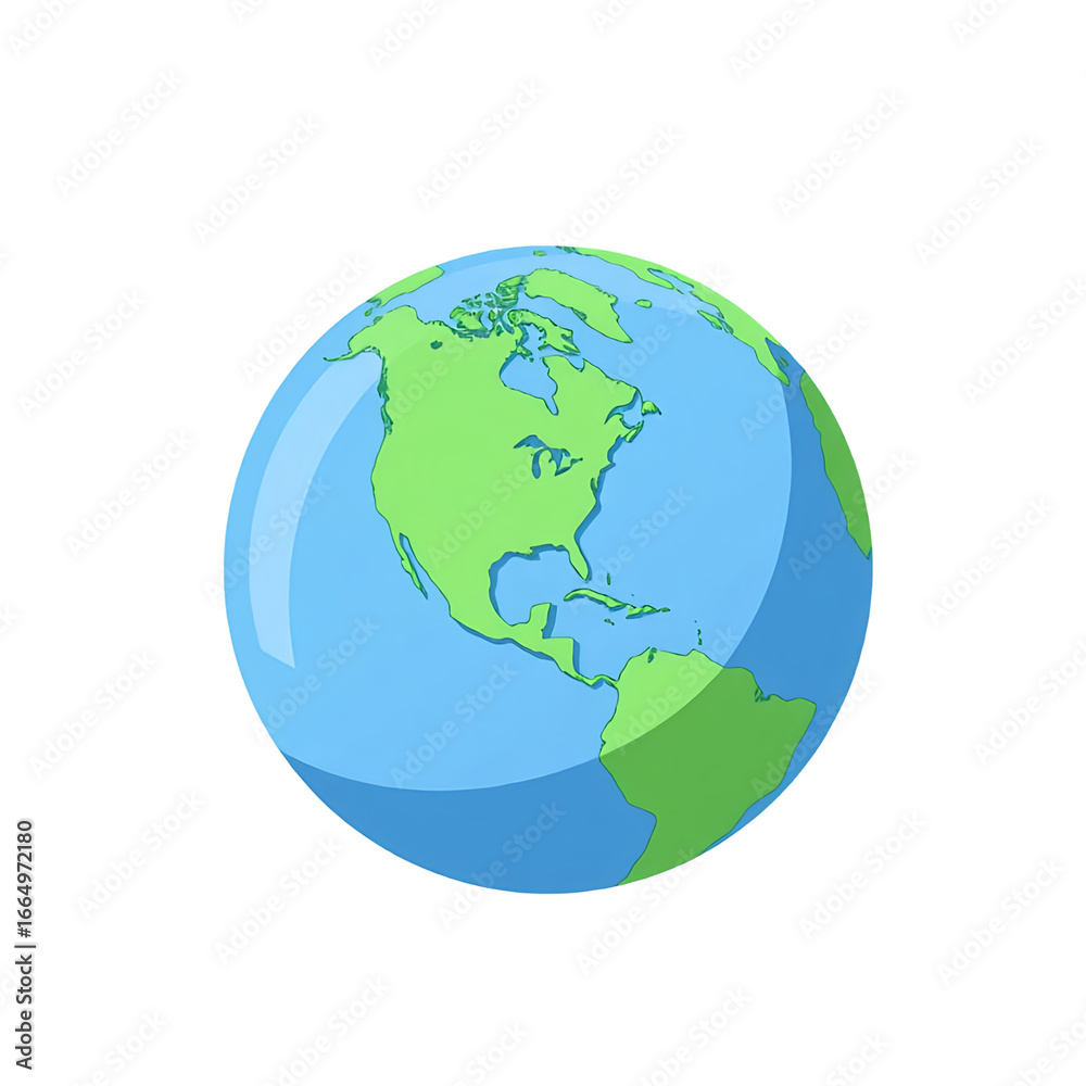Obraz premium A simple flat illustration of a globe with continents in blue and green, isolated on white background, ideal for education, travel, and global clipart projects.