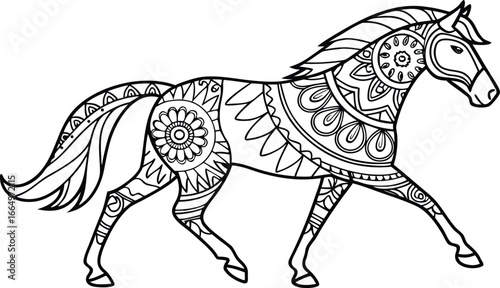 Ornate horse illustration with intricate line patterns art, Cute unicorn vector graphic design. Detailed horse head illustration with floral patterns ideal for coloring book enthusiasts delighting 