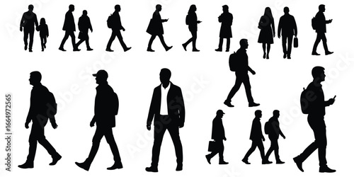 Diverse collection of black silhouettes of people walking and standing on white background vector