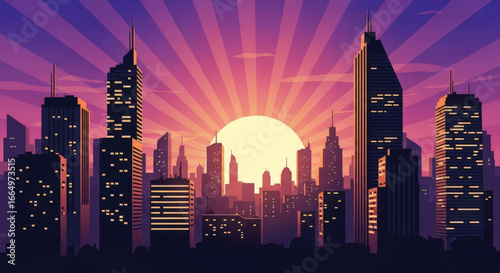Cityscape Silhouette at Sunset with Radiant Sunbeams A Stunning Urban Scene Featuring Buildings and Skyscrapers Against a Colorful Sky for Graphic Design