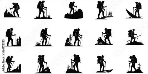 Fifteen Silhouettes of Hikers with Backpacks and Poles on White Background hiking trekking