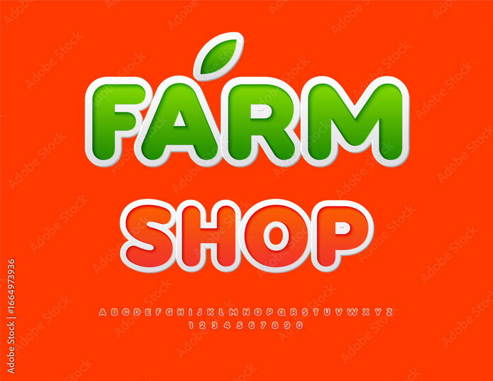 Naklejka premium Vector Eco signboard Farm Shop. Red Sticker Font. Bright Alphabet Letters and Numbers set.