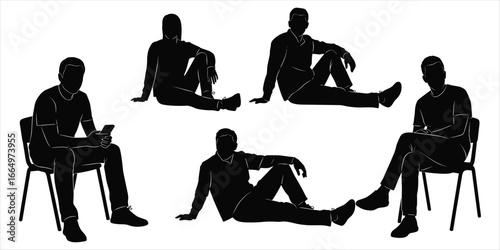 Five male silhouettes sitting and reclining on a white background vector illustration