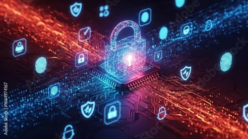 Dynamic cybersecurity concept with padlock and circuit board for data protection innovation