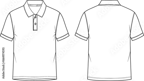 Front and back view of a black and white polo shirt technical drawing t-shirt clothing