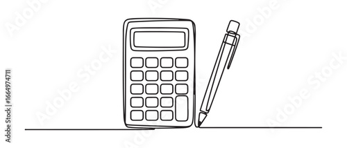 Continuous one line drawing calculator with pen. Budget planning concept. Single line draw design vector graphic illustration. Vector black silhouette. with white background