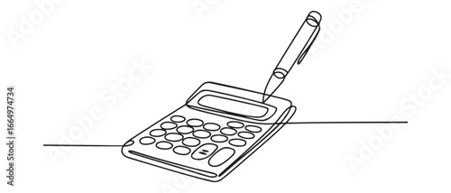 Continuous one line drawing calculator with pen. Budget planning concept. Single line draw design vector graphic illustration. Vector black silhouette. with white background