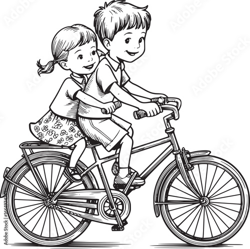 Joyful Bicycle Ride: A charming illustration captures a young boy and girl sharing a moment of innocent joy as they ride a bicycle together, symbolizing friendship, freedom, and carefree moments.