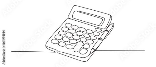 Continuous one line drawing calculator with pen. Budget planning concept. Single line draw design vector graphic illustration. Vector black silhouette. with white background
