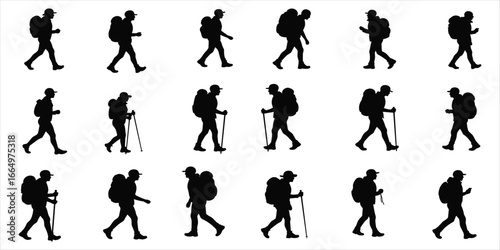 Silhouette collection of hikers walking with backpacks and trekking poles on white background hiking
