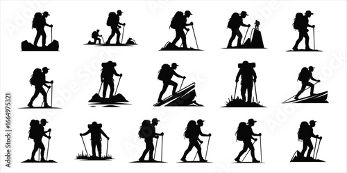 Silhouette collection of hikers with backpacks and trekking poles on white background hiking