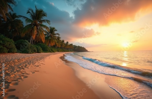 Goa beach at sunset. Tropical beach, palm trees, calm ocean. Warm light, golden hour sky. Ideal vacation, travel, tourism photo. Paradise destination for relaxation, holidays at sea.