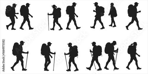 Silhouette collection of hikers with backpacks and trekking poles walking hiking people