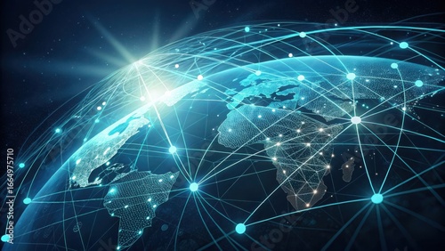 Global network of glowing blue connections and nodes overlaying a stylized earth representing digital communication and the internet isolated on transparent background
