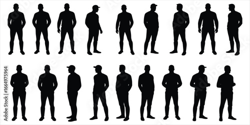 Silhouette collection of men in casual wear standing and posing on white background male person