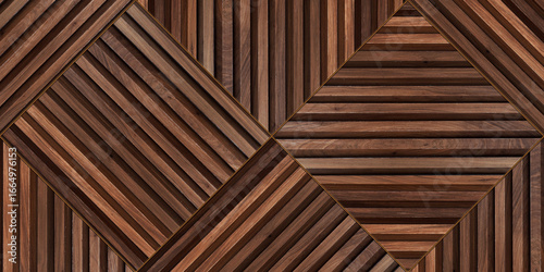 Geometric wooden wall panel with diagonal strips forming diamond patterns, modern decorative interior texture background.