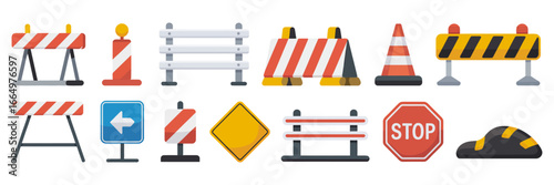 Traffic Road Repair Barrier Vector Set – Collection of Safety Barricades and Construction Fences for Roadwork, Warning Signs, Urban Planning, and Safety Design Projects